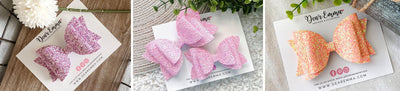 a collage of three different colors of chunky glitter hair bows from Dear Emma